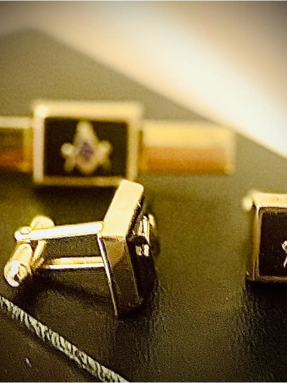 Vintage Anson Masonic Cufflinks & Tie Bar Set Gold Tone Black Enamel Mid-Century